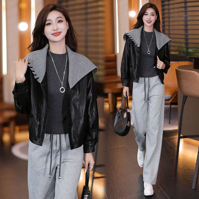 拉夏贝尔海军领舒适皮衣外套上衣