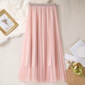 仙女风网纱半身裙女高腰百褶中长款 A字裙子亮片松紧腰纱裙蓬蓬裙