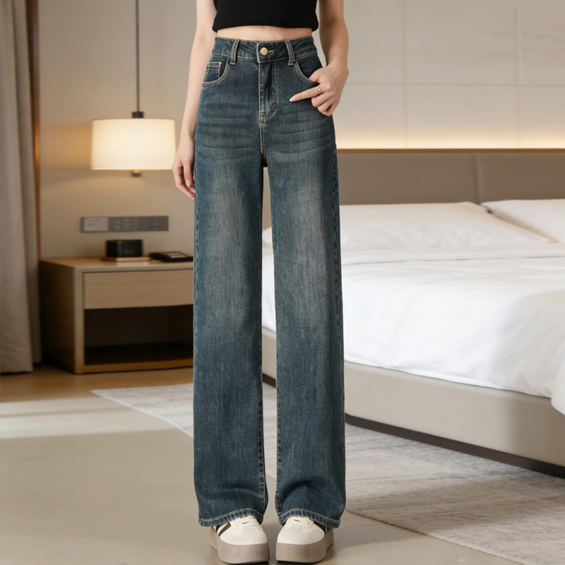 拉夏贝尔窄版阔腿牛仔裤女2026春季新款高腰显瘦宽松百搭直筒裤子,女装/女士精品,牛仔裤,淘宝优惠券,粉丝福利购,淘宝优惠卷