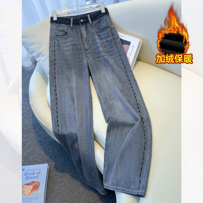 拉夏贝尔高级感阔腿牛仔裤女秋冬季2025新款高腰刺绣加绒直筒长裤