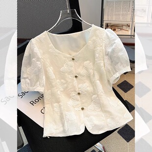 拉夏贝尔新中式刺绣盘扣衬衫女夏2025今年流行的国风上衣女装小衫