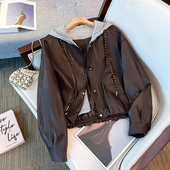 新款 拉夏贝尔时尚 咖色假两件连帽pu皮外套2025秋季 宽松显瘦夹克潮