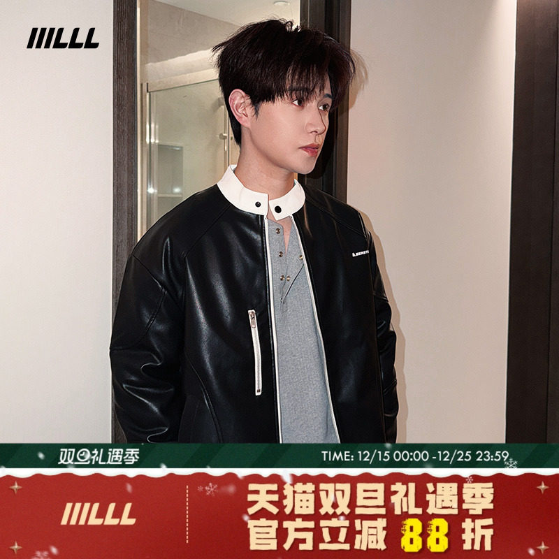 IIILLL童锦程PU皮衣外套男宽松撞色复古内里夹棉潮牌情侣上衣夹克