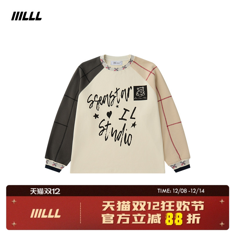 IIILLL童锦程 美式设计感拼接撞色印花圆领长袖T恤男宽松潮牌上衣