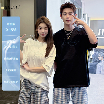 IIILLL童锦程 美式T恤男女夏立体绣闪钻极简暗夜霓虹字母情侣短袖