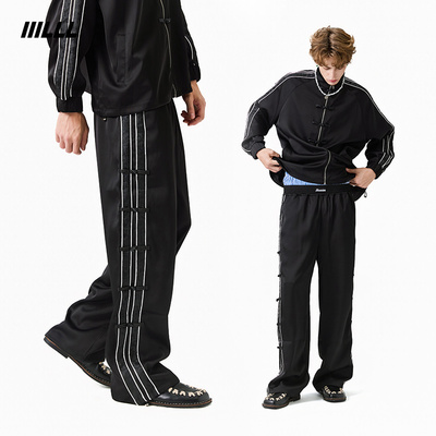 IIILLL童锦程新中式休闲裤男早秋条纹排扣运动抽绳宽松阔腿长裤子