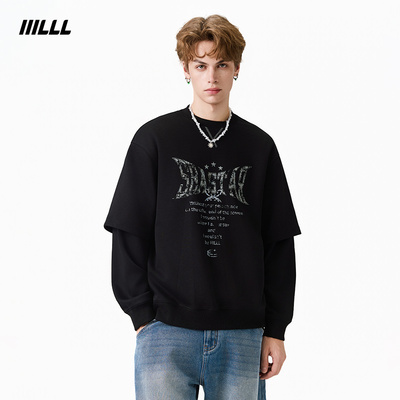 IIILLL童锦程 高级感假两件卫衣男秋印花宽松美式复古长袖T恤上衣