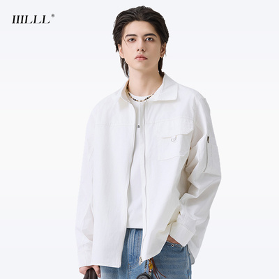 IIILLL童锦程长袖衬衫男春美式复古小众宽松拉链百搭翻领衬衣外套