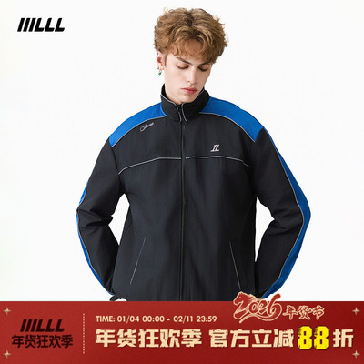 IIILLL童锦程外套男春秋新款拉链开衫刺绣运动风撞色通勤立领夹克