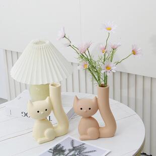 可爱猫咪插花花瓶小雏菊假花仿真花插干花摆件家居客厅摆设装饰品