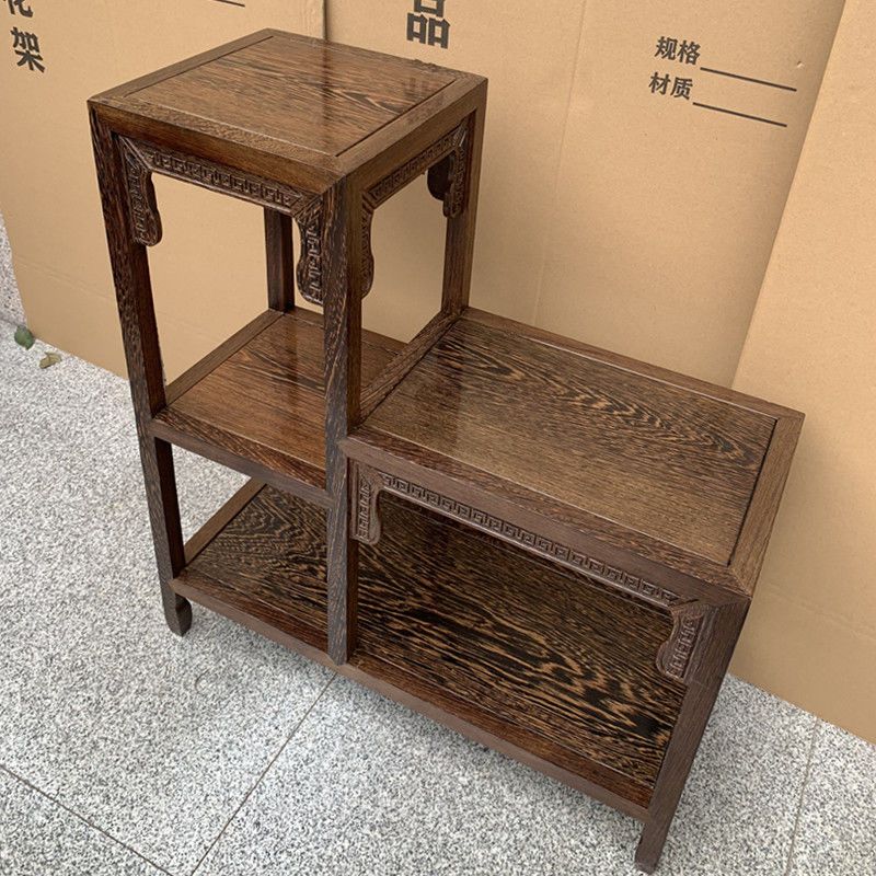红木鸡翅木花架中式客厅双层高低二联落地实木置物架博古架茶水架