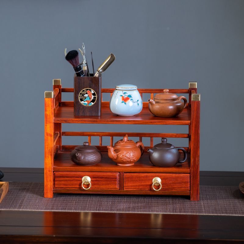 桌面茶具茶叶摆件展示小型博古架实木中式紫砂壶茶杯收纳置物架子