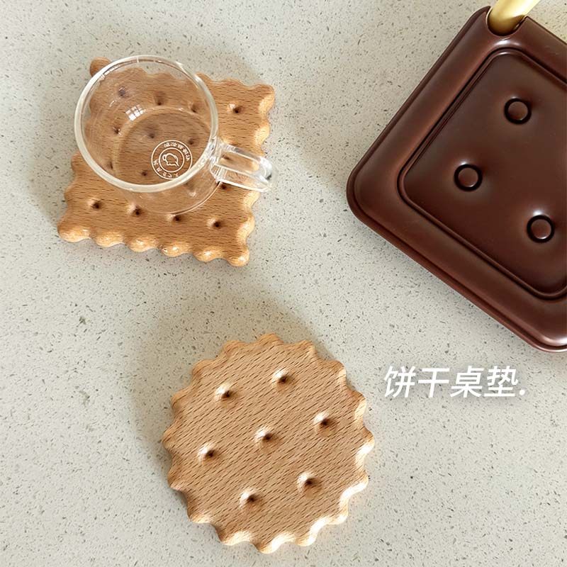 创意饼干杯垫榉木实木茶杯咖啡杯垫防烫隔热杯垫日式可爱方形杯托