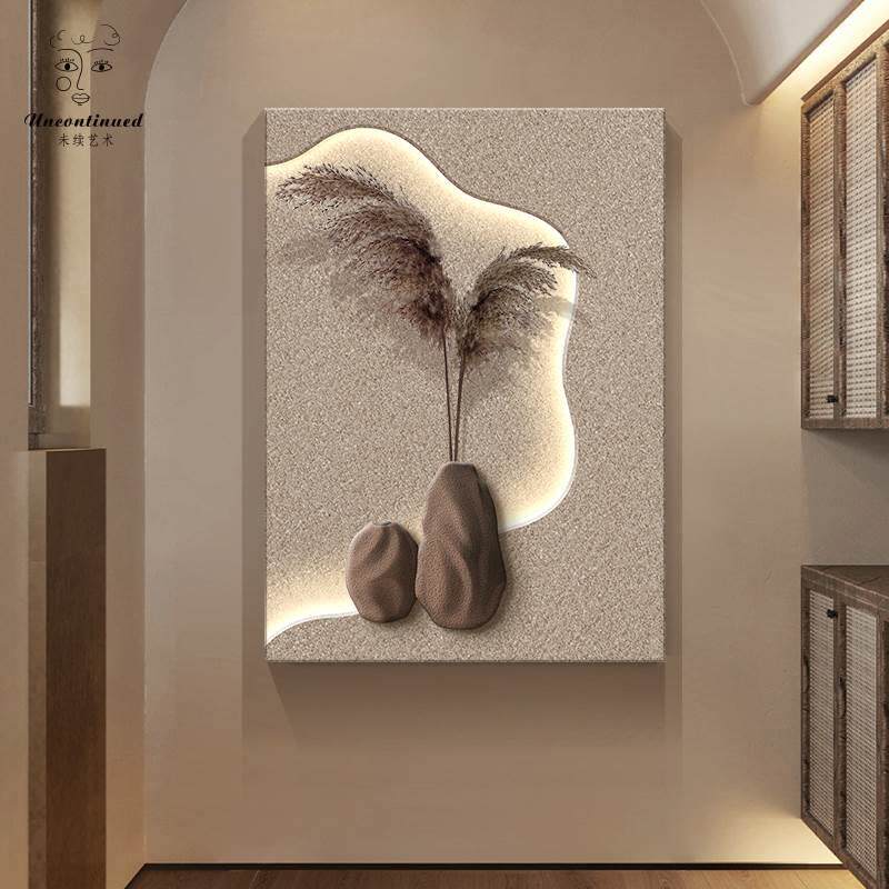 侘寂风砂岩入户门正对墙挂画走廊led壁灯玄关装饰画客厅高档壁画