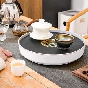 圆形茶具茶杯托盘沥水茶盘客厅沥水茶台J轻奢现代小茶盘家用储水