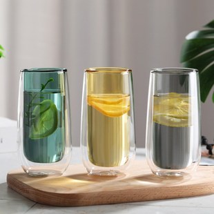 简S约带色咖啡绿茶 玻璃双层杯加厚家用双层隔热彩胆防烫水杯日式