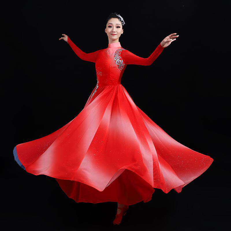 打鼓服古典舞演出服飘逸中国红色独舞扇子舞表演开场大摆裙合唱服