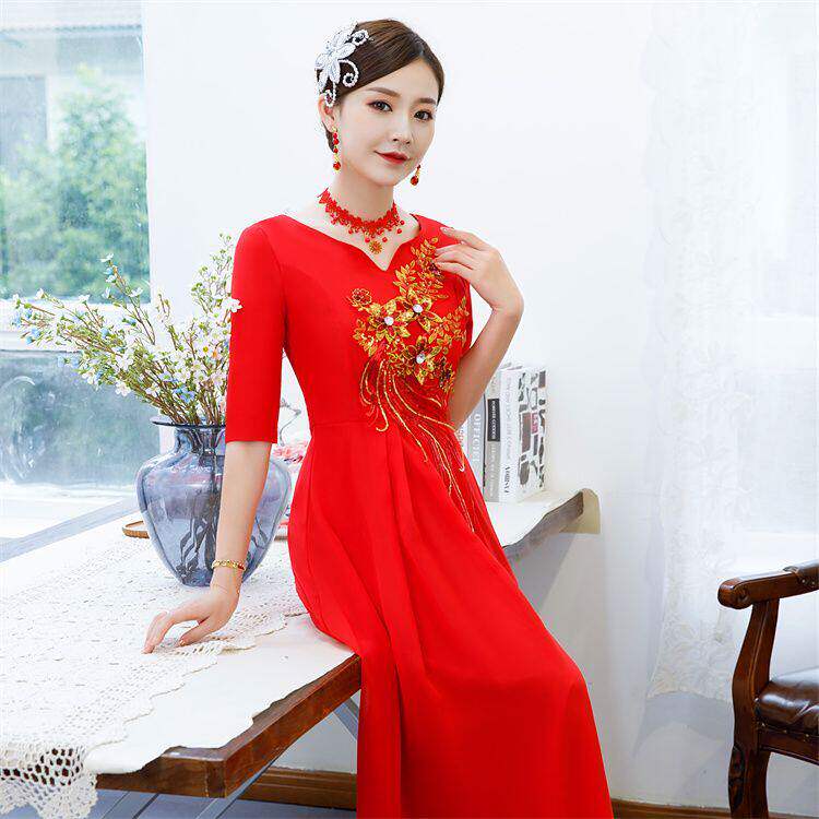 中国风礼服大合唱服女长裙成人中老年大红朗诵秧歌舞蹈表演演出服