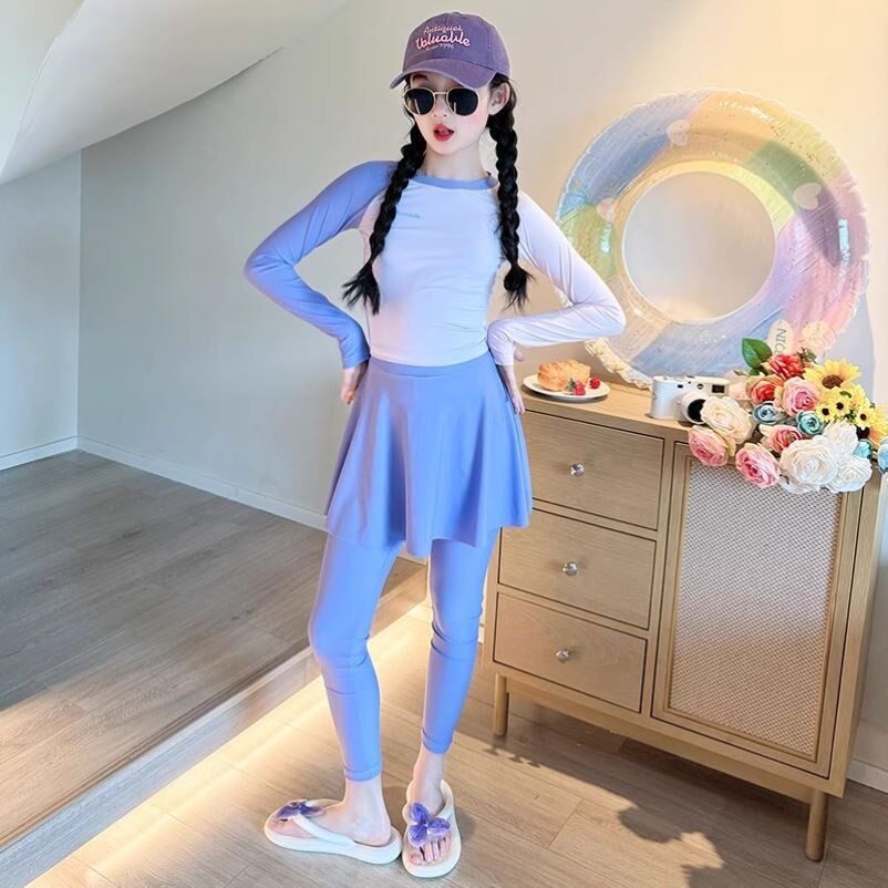 儿童新款泳衣女童女孩初中生中大童分体式装备防晒泳装带胸垫长袖