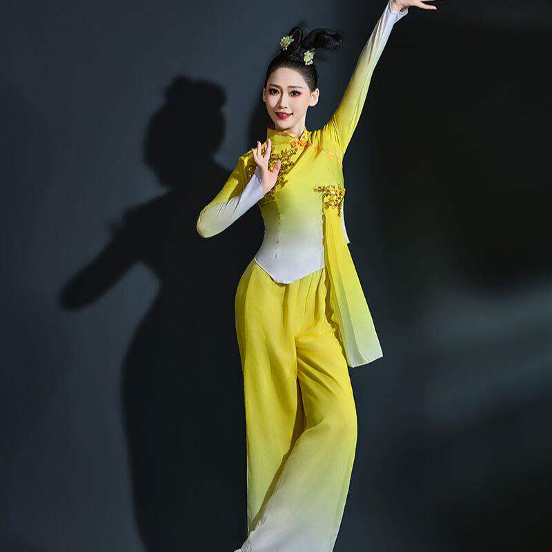 新款2025古典舞胶州舞蹈演出服秧歌扇子舞广场现代舞伞舞黄色舞服