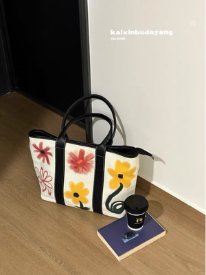 「艺术感大托特包」新款韩版ins高级感大容量涂鸦帆布单肩手提包