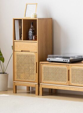 原始原素全实木电视边柜北欧简约现代橡木家用藤编储物斗柜H6101