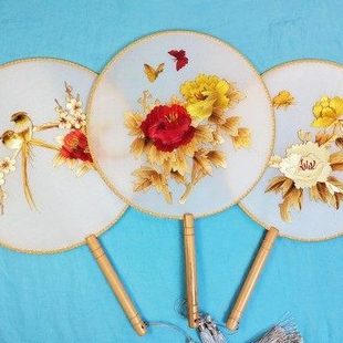 麦秆画团扇丝绸扇面 古典中国风非遗品 送朋友同学礼品可自用家装