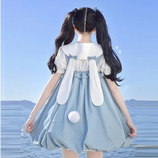 女学生韩版 日系可爱兔耳朵白衬衫 套装 夏季 爱心口袋花苞裙两件套