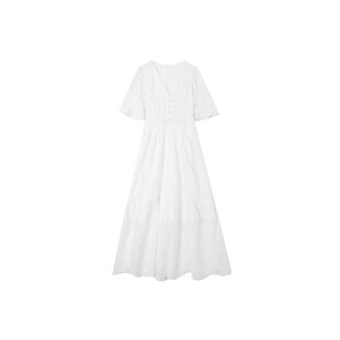 法式 定制全棉皱绣花立体V领小飞袖 长裙W23BZ280 白天鹅连衣裙