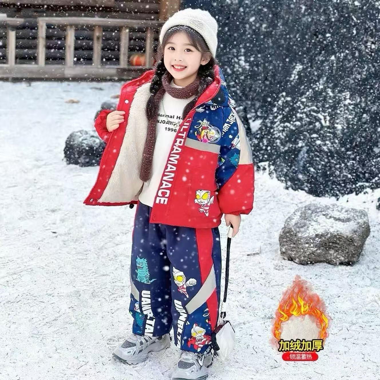 女童奥特曼冬季加绒加厚亮灯外套裤子2026新款儿童冲锋衣保暖套装