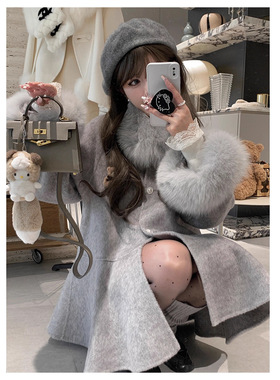 YOU·JIN【coco小姐】灰色狐狸毛领双面羊绒羊毛大衣女秋冬法式