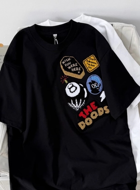 Nuneon美式高街潮牌植绒徽章半袖上衣夏季宽松短袖T恤男女情侣tee