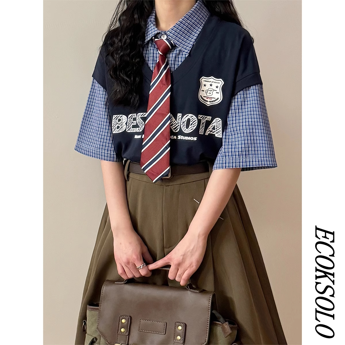 ECOKSOLO2025夏季美式复古学院风拼接假两件polo衫短袖T恤上衣女