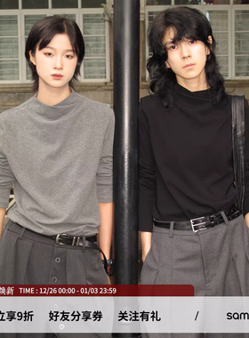 sameuoo烟囱领中性风纯色正肩长袖T恤极简高级肌理感针织显瘦上衣