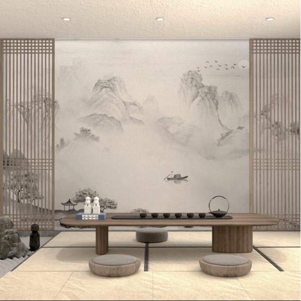 新中式淡雅水墨山水墙布背景墙墙纸客厅书房茶室卧室壁布定制壁画