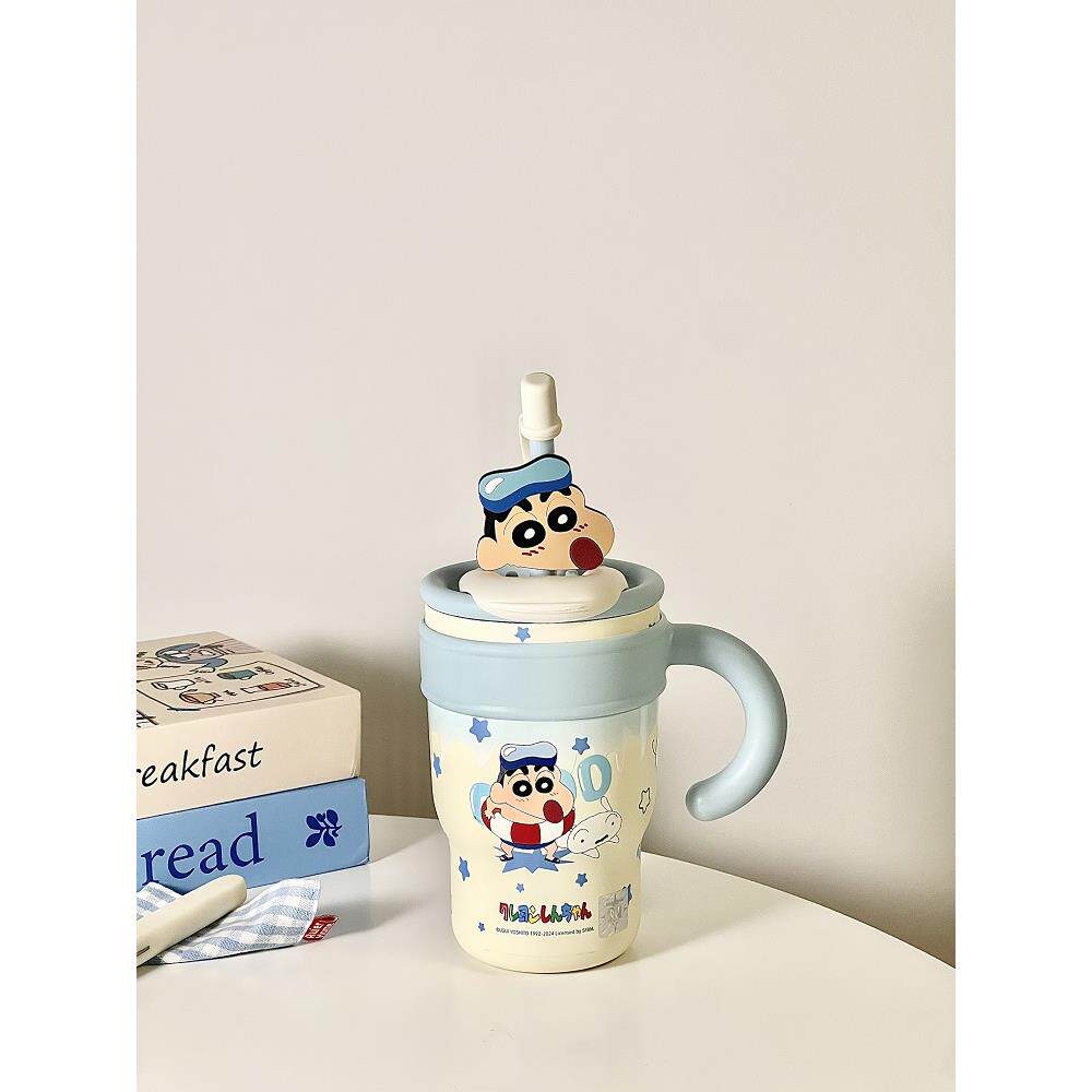 蓝色蜡笔小新大容量可爱吸管直饮两用保温杯女生办公室冰霸水杯子