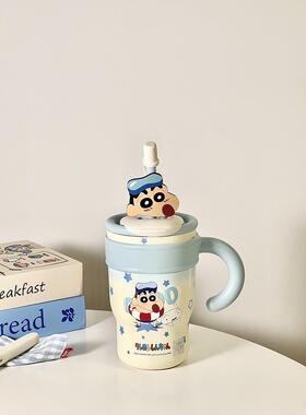 蓝色蜡笔小新大容量可爱吸管直饮两用保温杯女生办公室冰霸水杯子