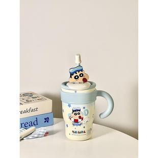 蓝色蜡笔小新大容量可爱吸管直饮两用保温杯女生办公室冰霸水杯子