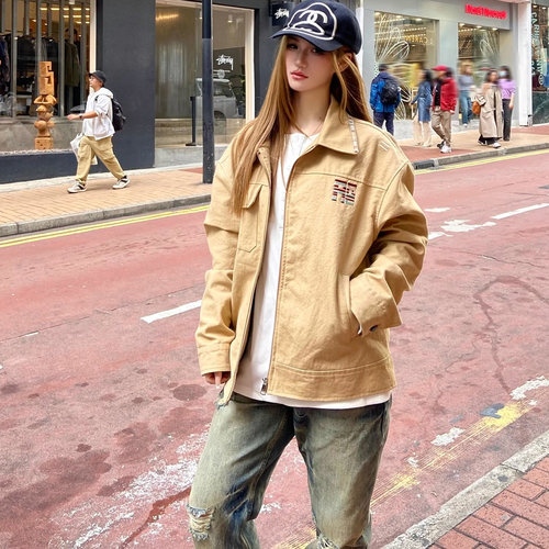 FYKSHOP美式复古字母刺绣星光熠熠设计感情侣百搭宽松工装夹克ins