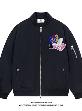 SREK美式印花春季魔术贴外套男潮牌飞行员夹克休闲上衣棒球服宽松