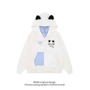 BKDD 原创设计可爱猫咪刺绣格子连帽卫衣女男情侣宽松设计感上衣