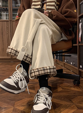 美式复古格纹卷边休闲裤女秋季潮牌宽松直筒阔腿灯芯绒运动长裤子