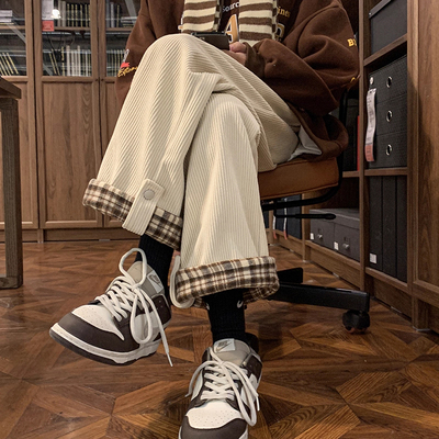 美式复古格纹卷边休闲裤女秋季潮牌宽松直筒阔腿灯芯绒运动长裤子