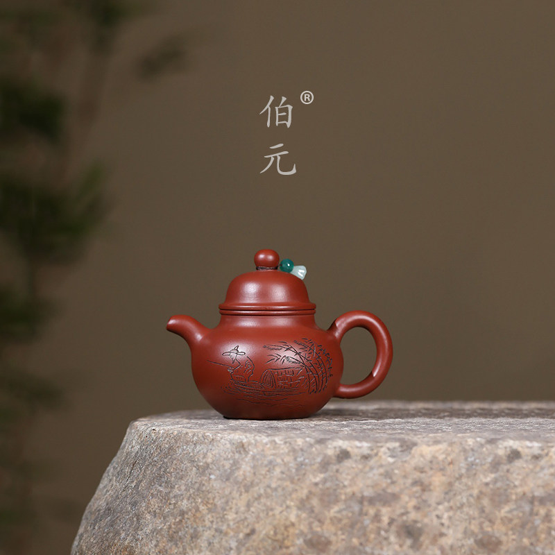 伯中式紫砂刻绘渔翁掇球