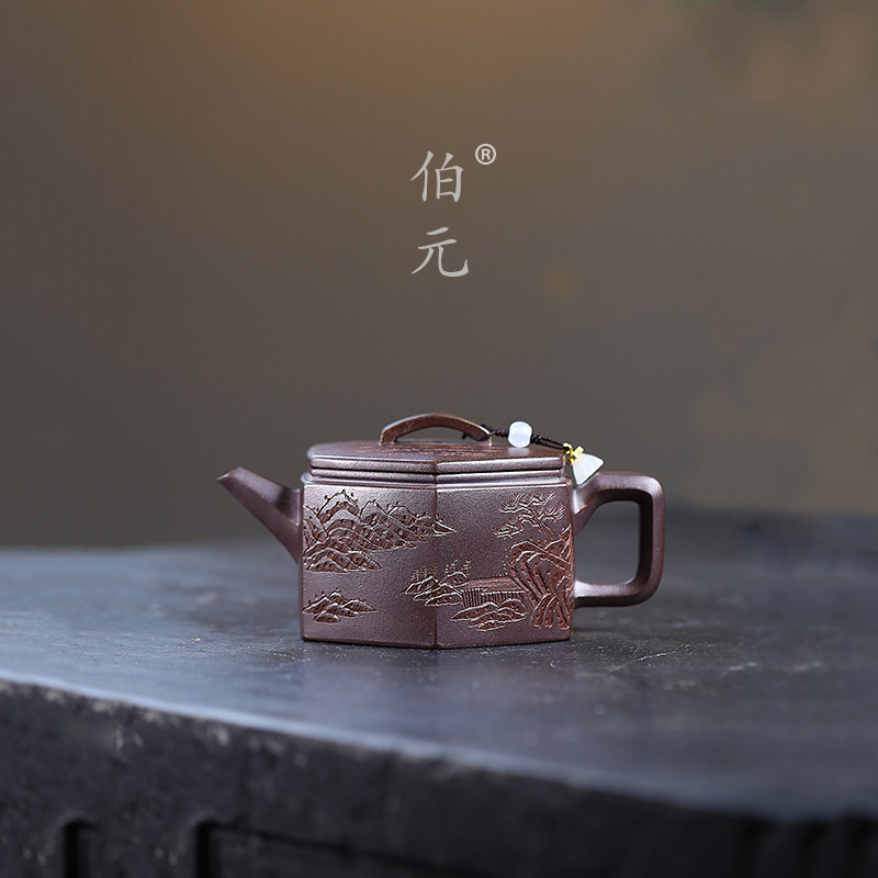 宜兴紫砂壶原矿段泥柴烧六方汉瓦纯手工刻绘刻字中式泡茶器 240ml