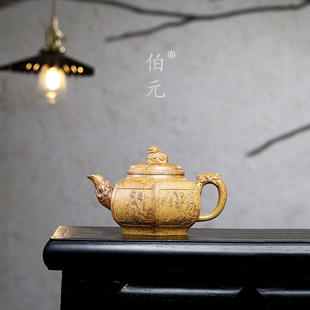 宜兴紫砂壶原矿高温段泥柴烧六方雪华手工刻绘中式功夫茶具 380ml