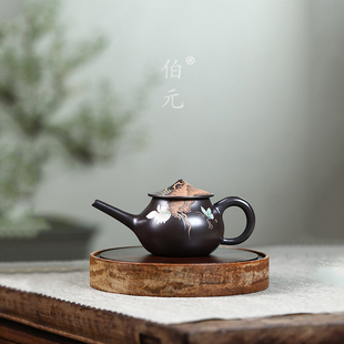 宜兴紫砂壶原矿黑泥泥绘渔翁壶 匠心手工泥绘精美茶器泡茶壶150ml