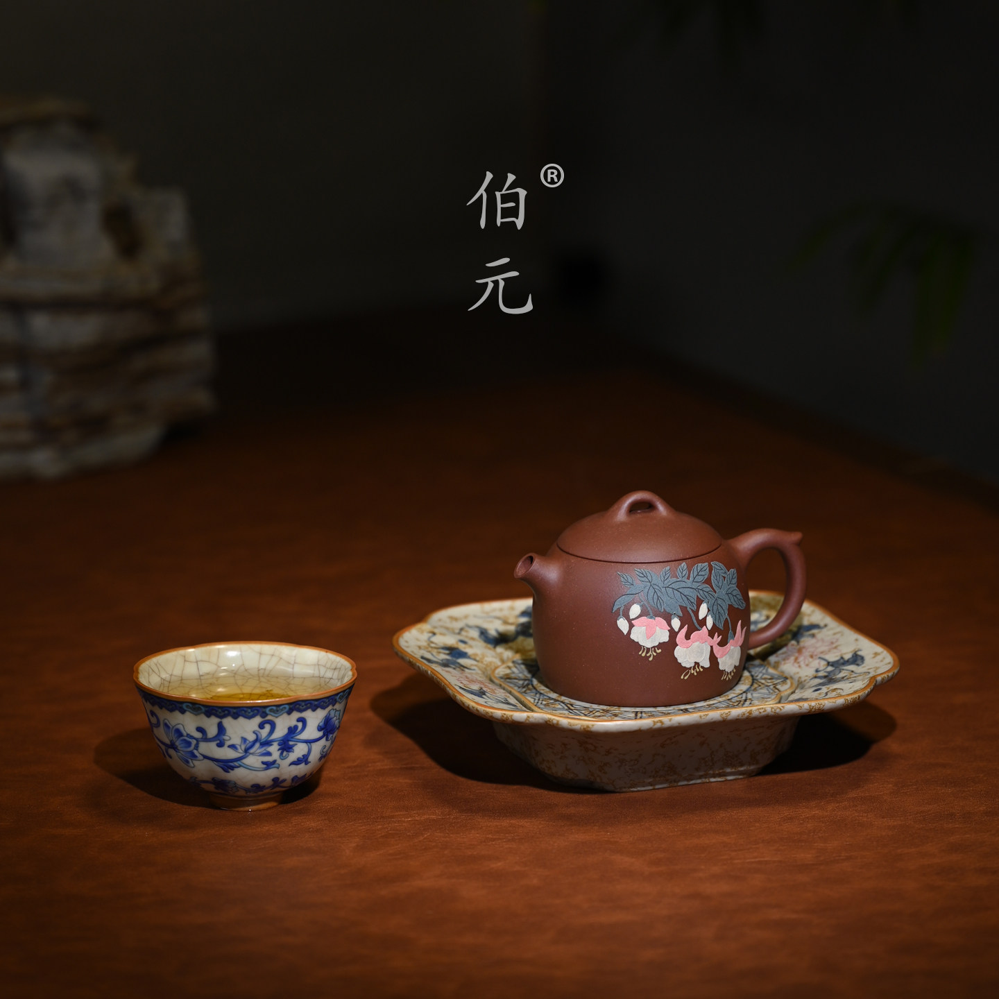 伯元中式紫砂泥绘花卉秦权