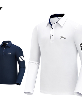 春秋高尔夫服装 男士长袖T恤翻领polo衫条纹运动休闲上衣球服白色