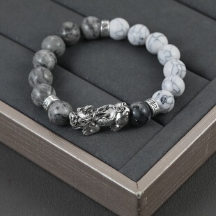 貔貅手链男款男潮本命年男生手绳复古男士黑白色石头手串送男友